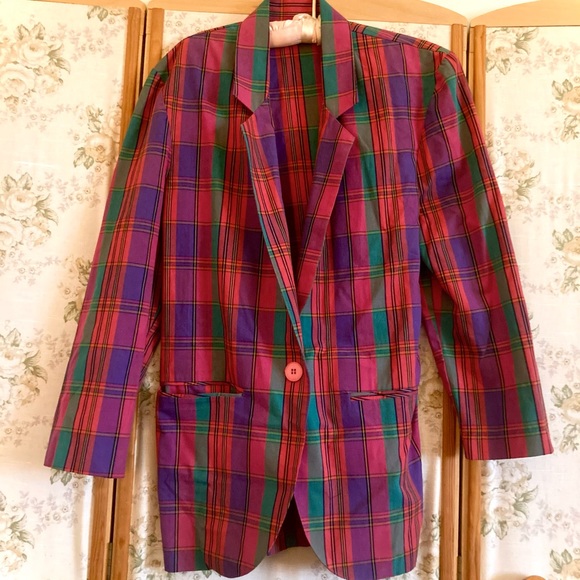 Vintage 80s/90s Capezio Rainbow Plaid Blazer - Picture 2 of 7
